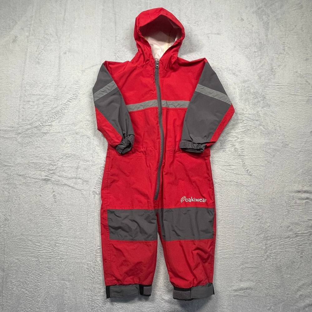 Oakiwear Rain Trail Suit Kids 3T Red Grey Waterproof Hooded One Piece Jumpsuit